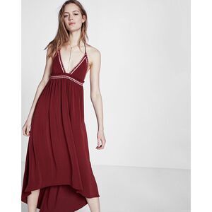 EXPRESS Women’s Merlot Red Contrast Embroidered Trim Halter Maxi Dress Size XS